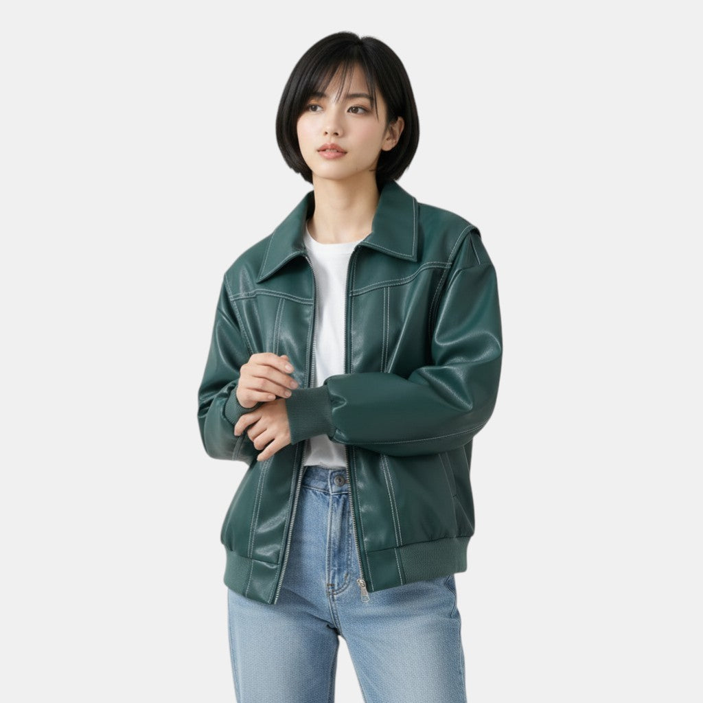 Oversized Bomber Jacket with Contrasting Stitching